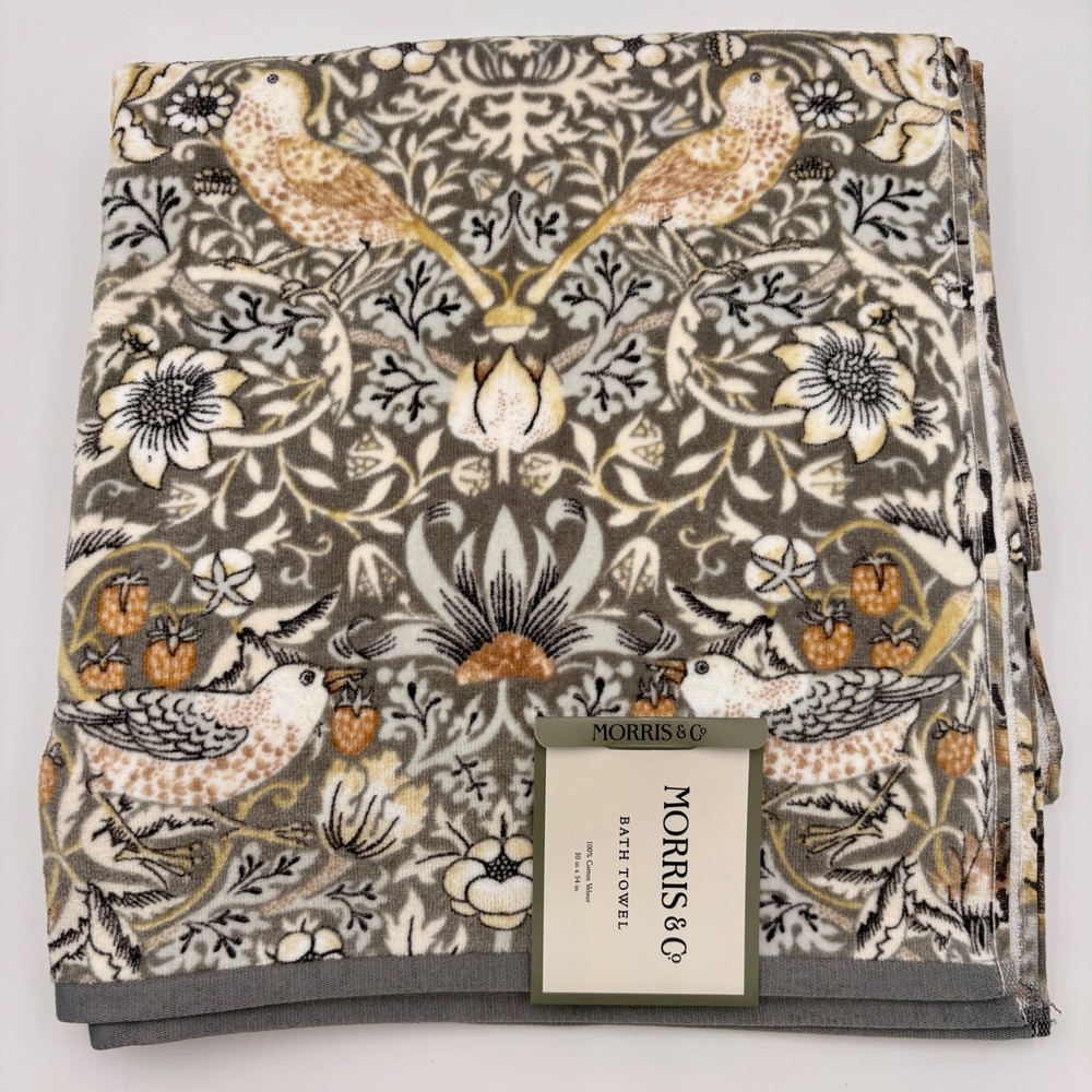 William Morris & Co Set of 2 Strawberry Thief Bath Towels Grey Cotton Velour